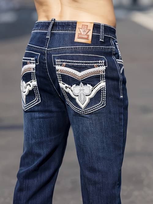mens thick thread classic embroidered stretch jeans