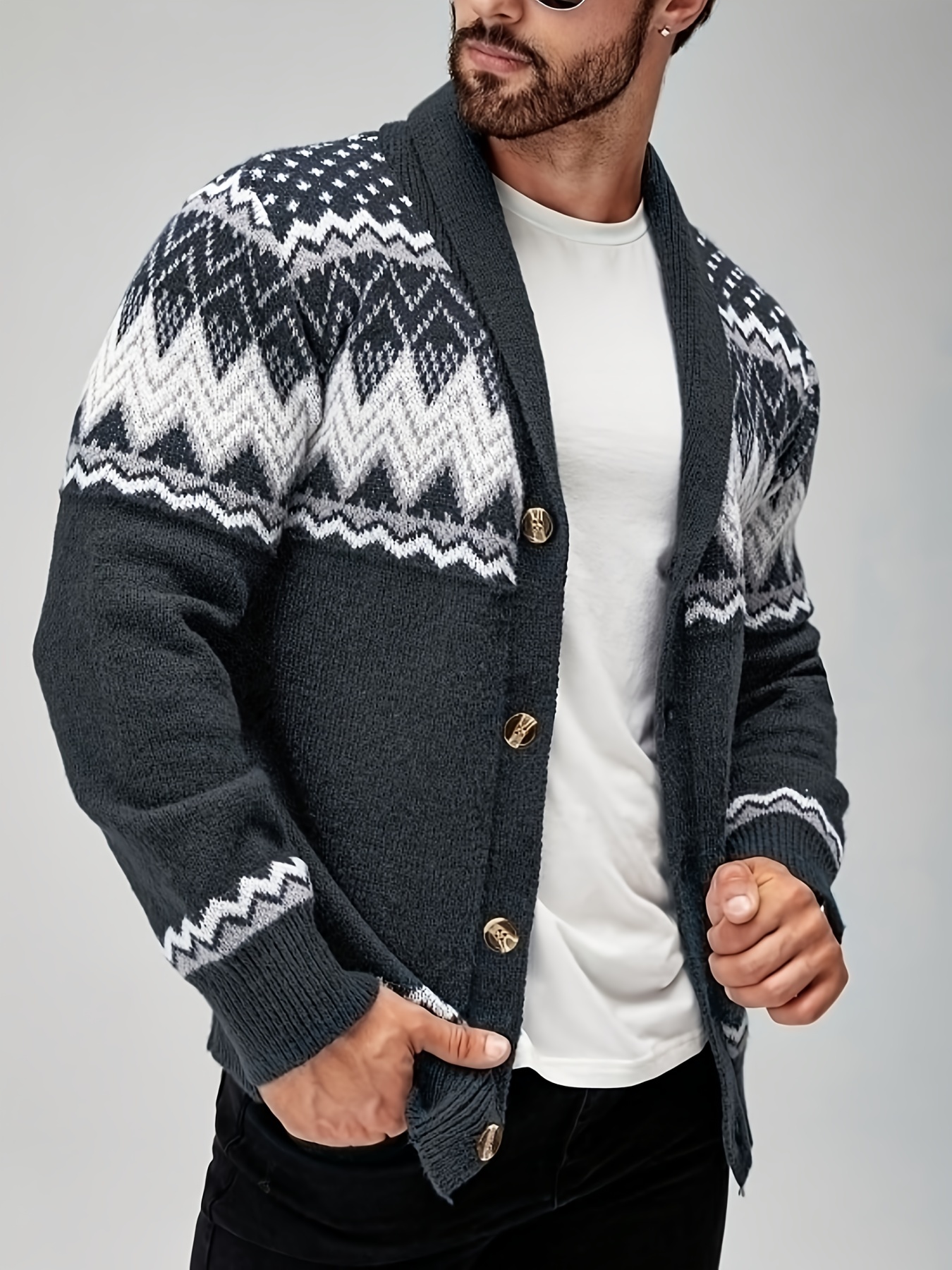 Navy Blue Polyester Men's Casual Geometric Pattern Cardigan Sweater with White and Black Accents, Button-Up Collar, Machine Washable for Fall/Winter