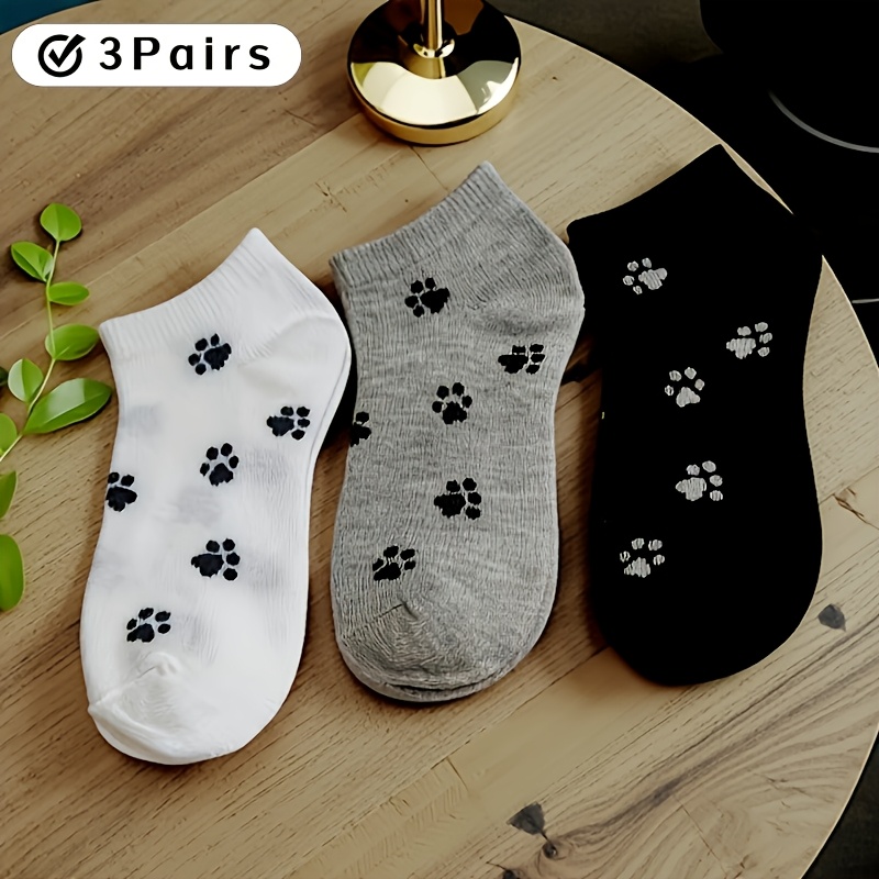 E-shop 3 Paar Damen Ganzjahres-Short-Socken mit Cartoon-Pfotenabdruck in einfarbig, modische vielseitige College-Stil niedliche Knöchelsocken