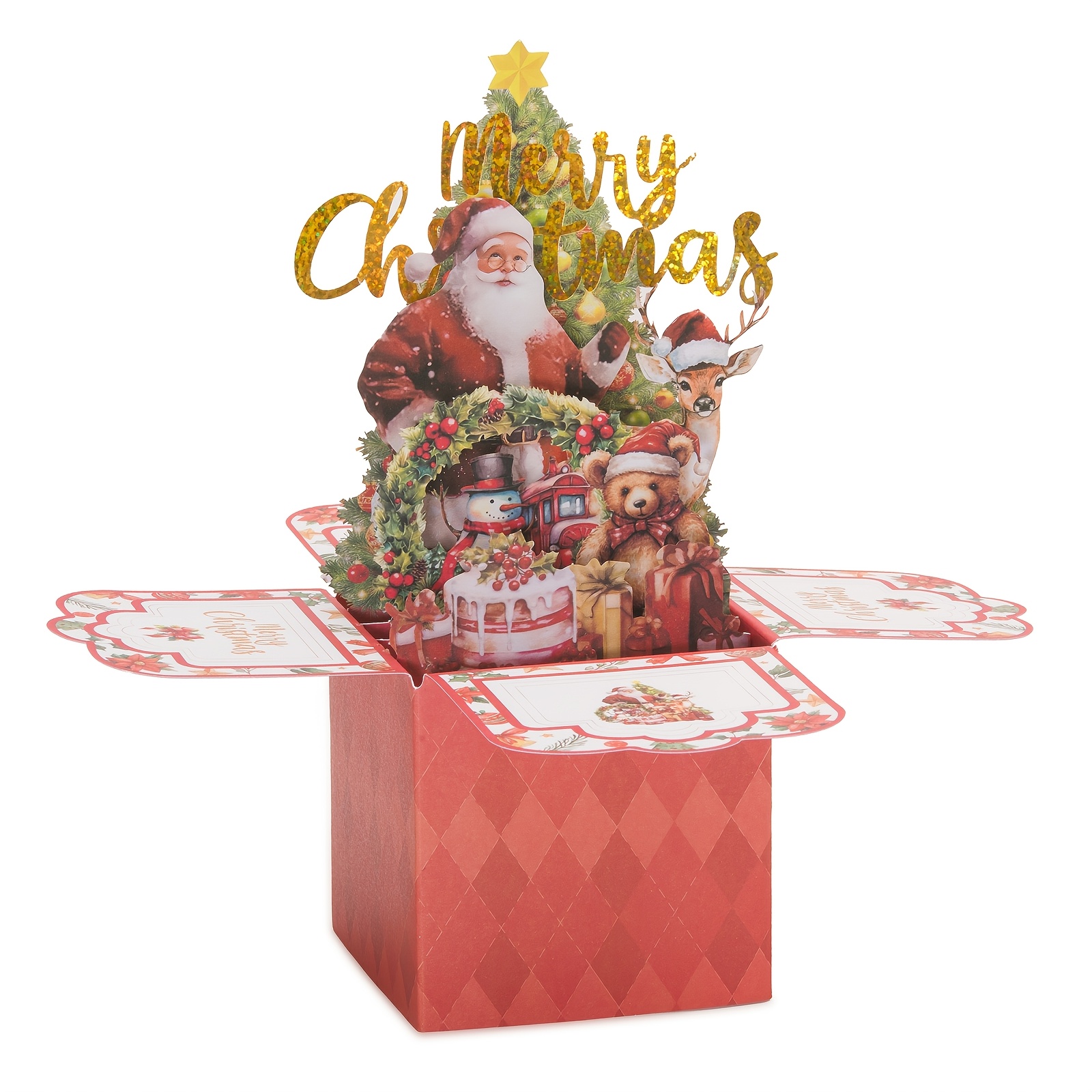Vintage 3d Pop-up Christmas Card Featuring Santa Claus, Reindeer And Christmas Tree. Paper With An Envelope, Makes A Gift For , Family And All Your .