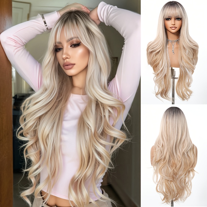 Image of 28" Waist-length Ombre Black-to-blonde Body Wave Wig - Natural Curls For Effortlessly Stylish Looks, Blunt Bangs, Ideal For Daily Wear & Parties