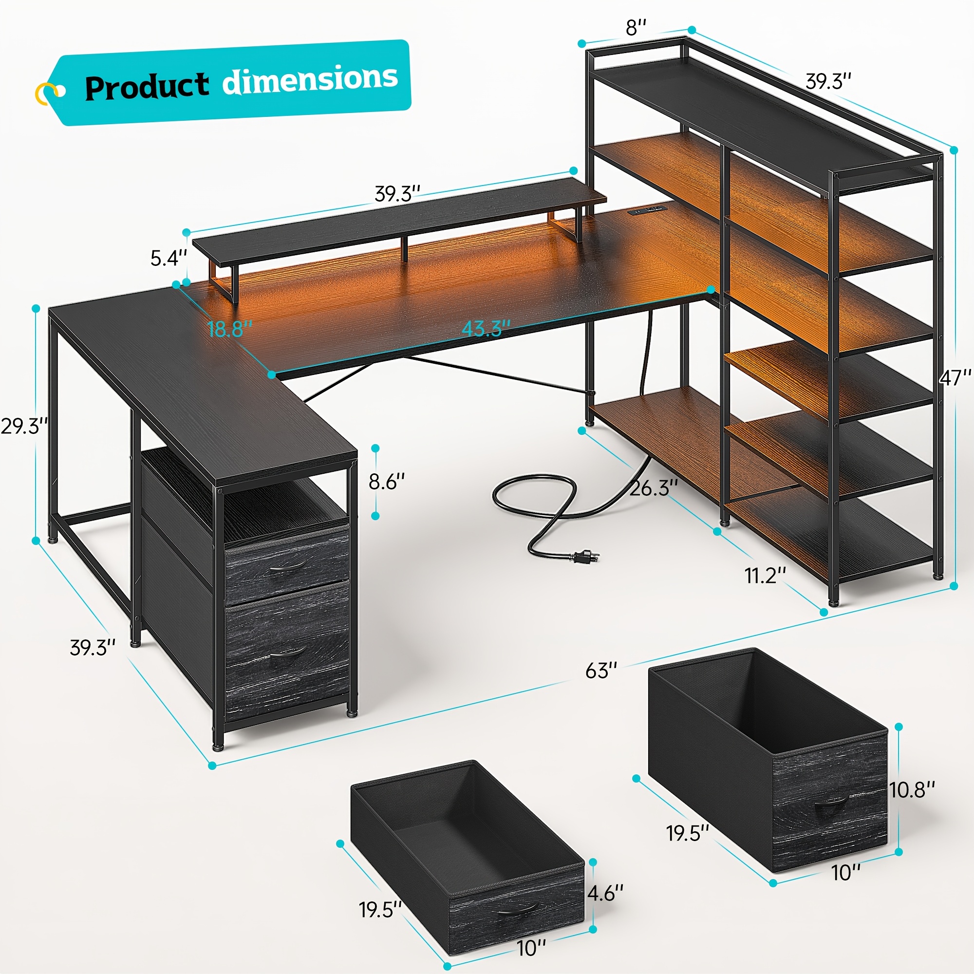 TEMU 63'' L Shaped Desk With Power Outlet & Led Strip, Computer Desk With 6 Storage Shelves & 2 Fabric Drawers, Reversible Desk With Monitor Stand,