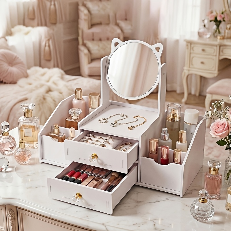 TEMU Non-wood Jewelry Box With Flip-up Mirror & Snap Closure - Plastic Suitable For Storing Cosmetics, Skincare,, Compact Tabletop Mirror Case, Gift