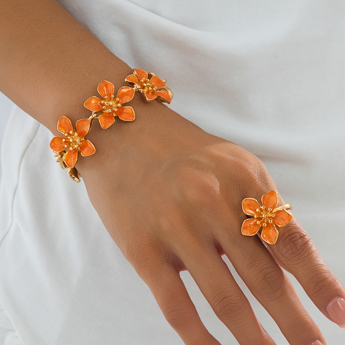 TEMU 2pcs Piece Set Women's Jewelry Set, Orange Drip Flower Women's Ring And Bracelet Combination, Versatile Commuting Accessory Suitable For