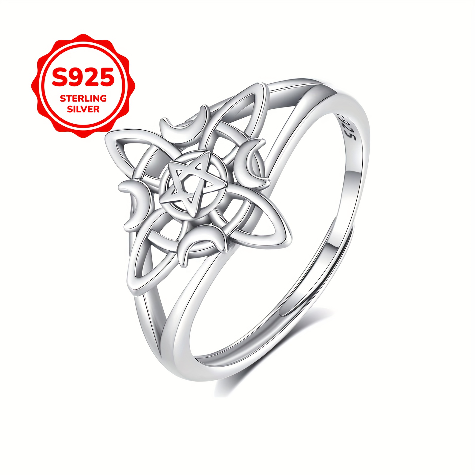 Vintage Style Sterling Silver Witches' Star Ring Adjustable Band