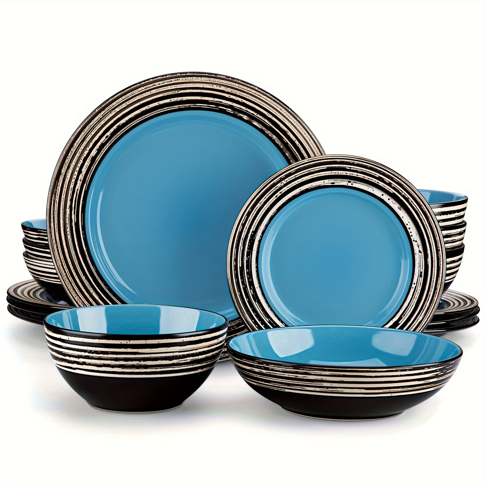 16pcs Blue Dinnerware Set Stoneware Bark Glaze Plate Set Service For 4