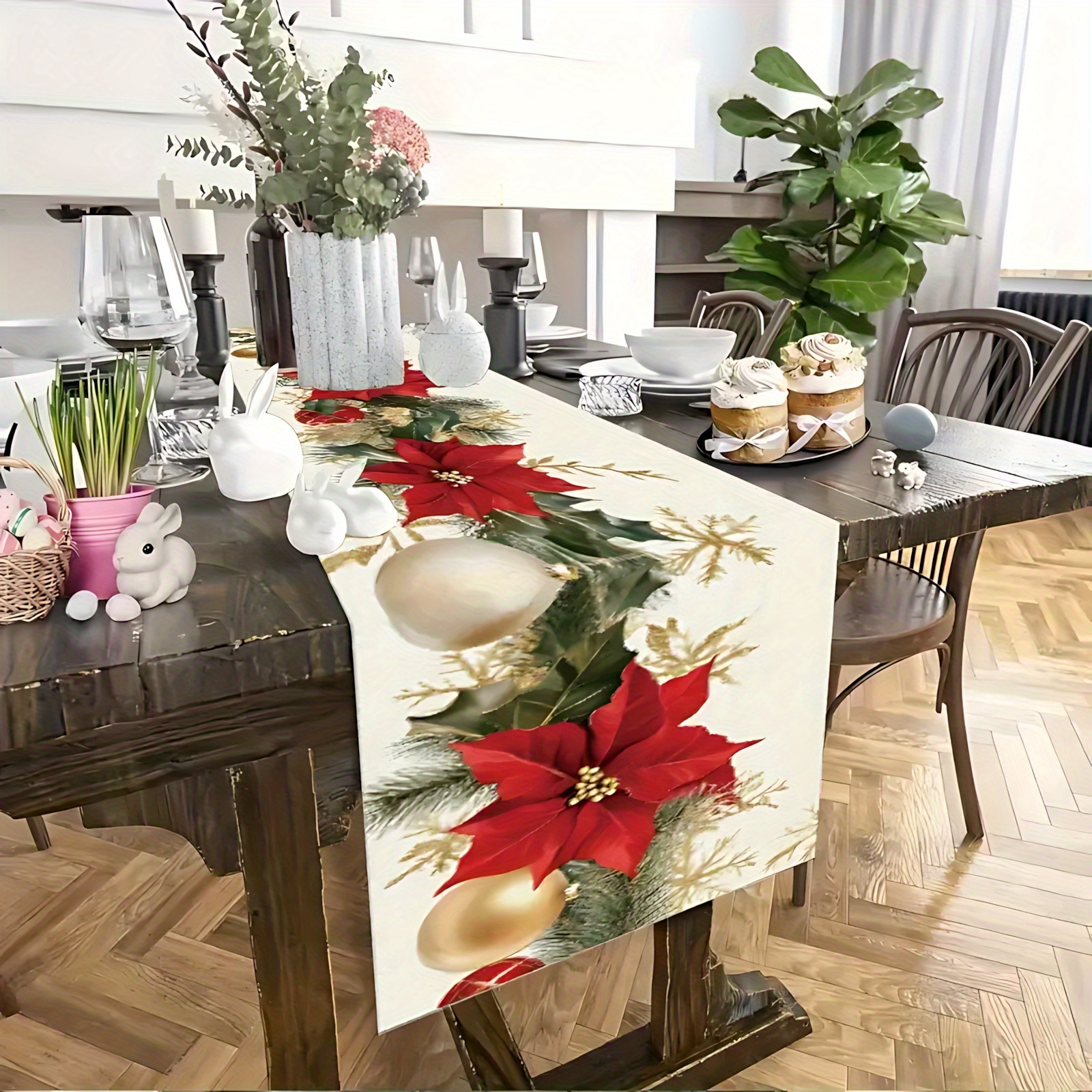 TEMU 1pc Christmas Wreath Patterned Table Runner, Designed For A Festive Atmosphere, Suitable For Table Settings And Home Decor. In Sizes,