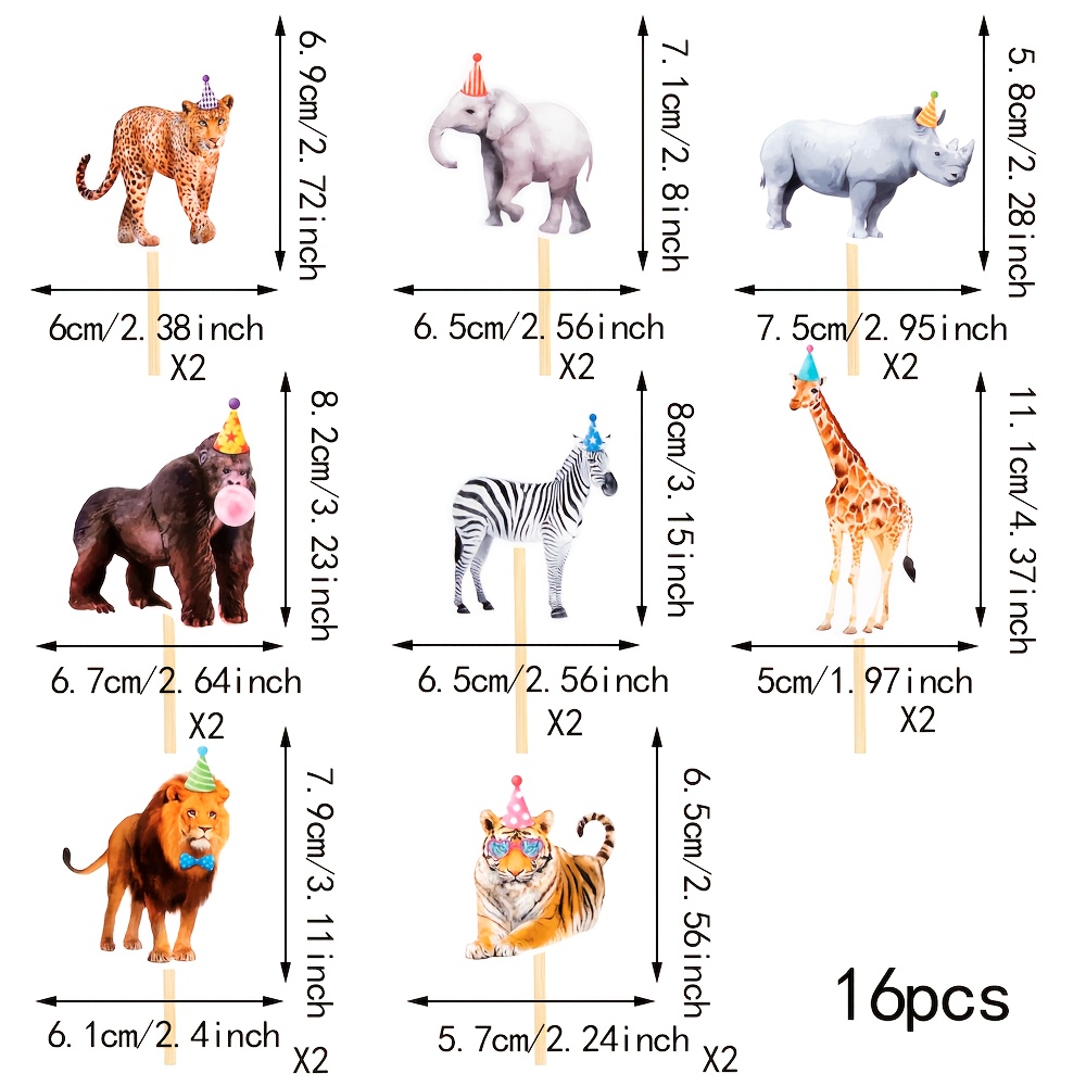 16-pack Birthday Hat Animal Party Cup Cake Decorations, Jungle Cake Decor For Wild Animal Themed Birthday Parties