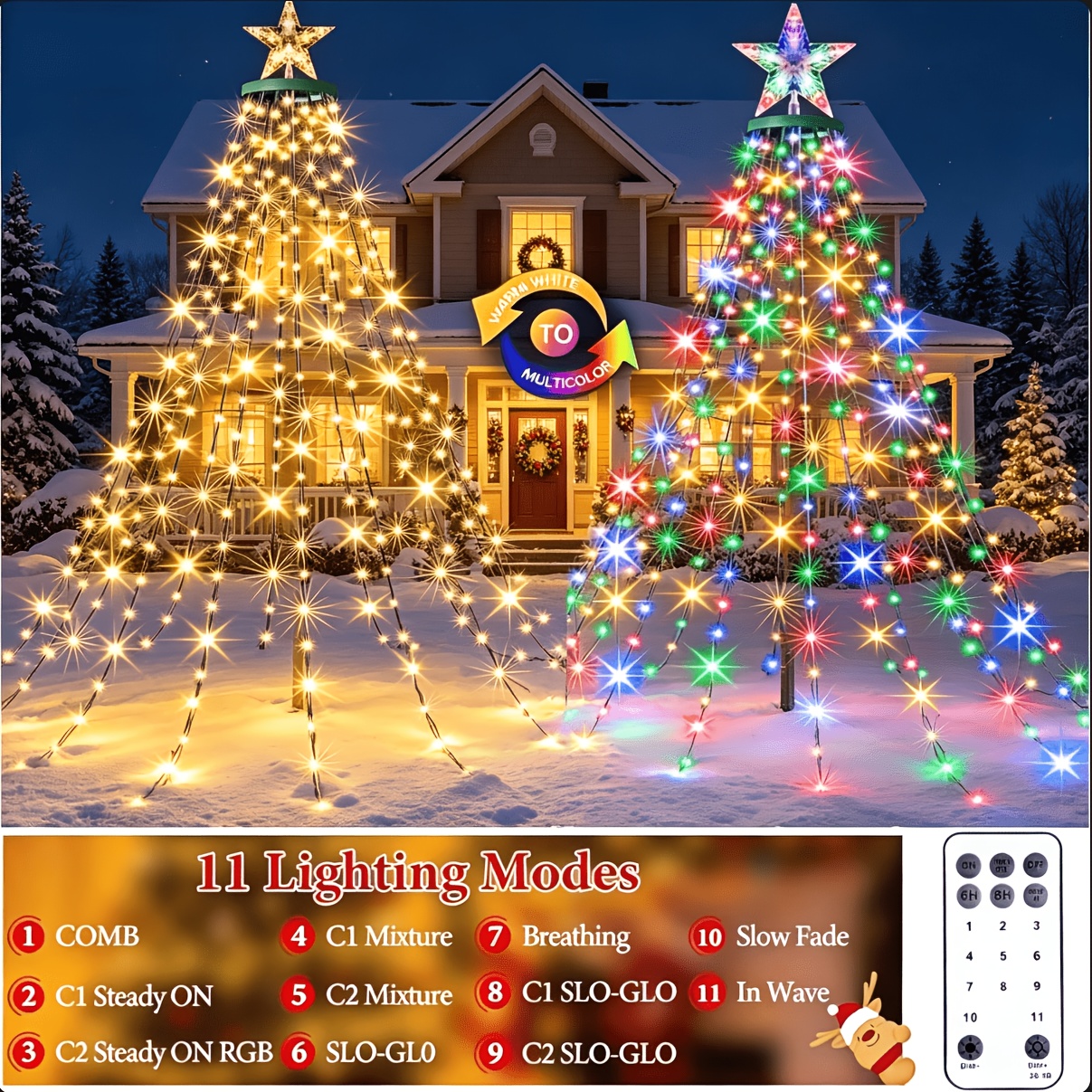TEMU Bhony IP44 Guirlande Lumineuse de Noël avec Anneau pour Arbre, 410 LED Guirlande Lumineuse de Noël avec Tête d'Étoile, 6.6FT X 16 avec 11 Modes