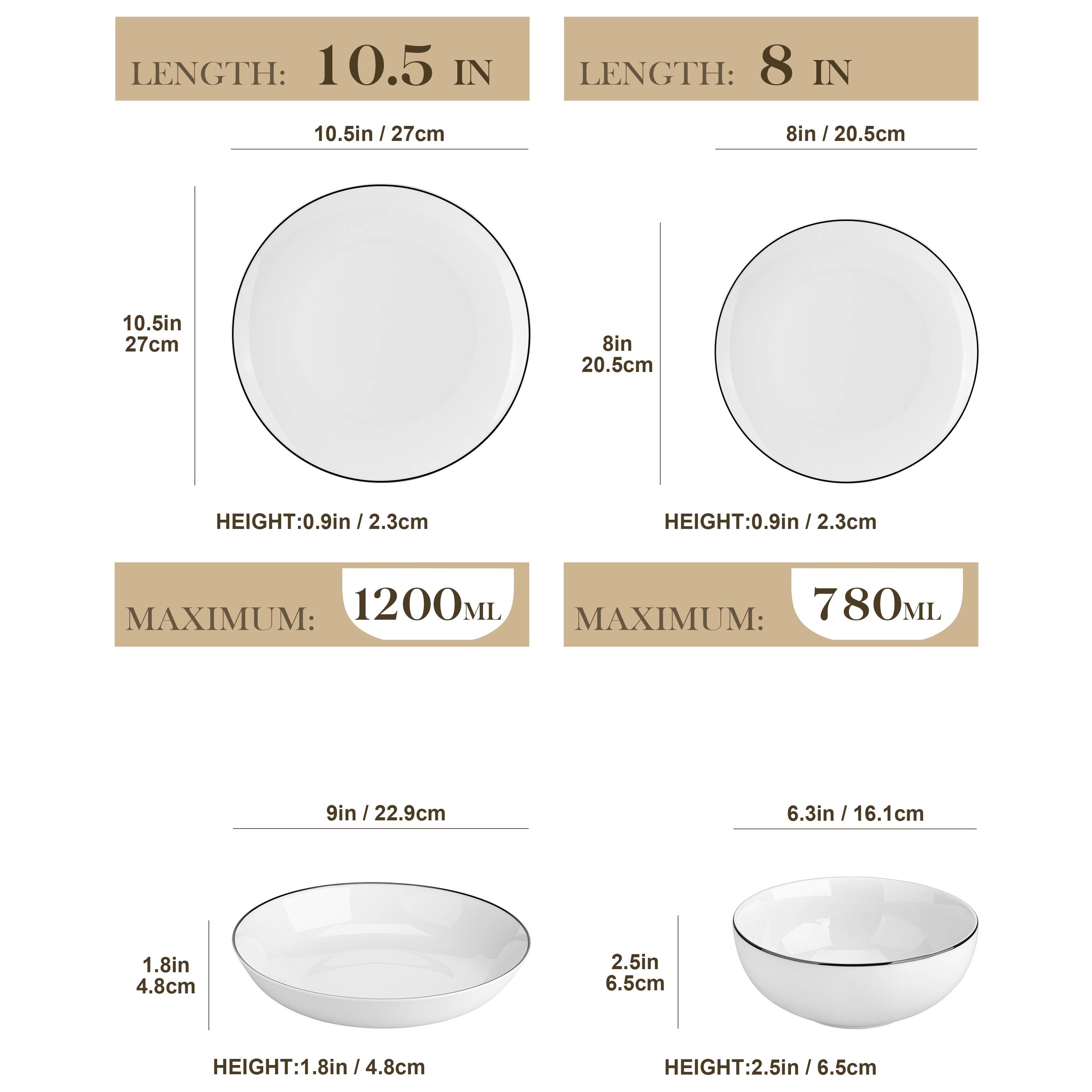 E-shop 24-teiliges Set weiße Keramik, schwarze gebürstete Tafelgeschirre, inklusive 6 Teller für Abendessen, Dessert, Suppe und Schüsseln, für 6