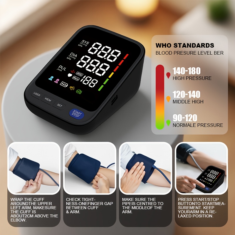 Puxzo Premium New Automatic Blood Pressure Monitor: Heart Rate Monitoring + Oversized Cuff, 120-Reading Memory, LED Large Screen with Tri-Colour Backlight Alerts, Dual-Power Portable Design. Blood Pressure And Heart Rate Monitor, Includes 4 Batteries - Image 5