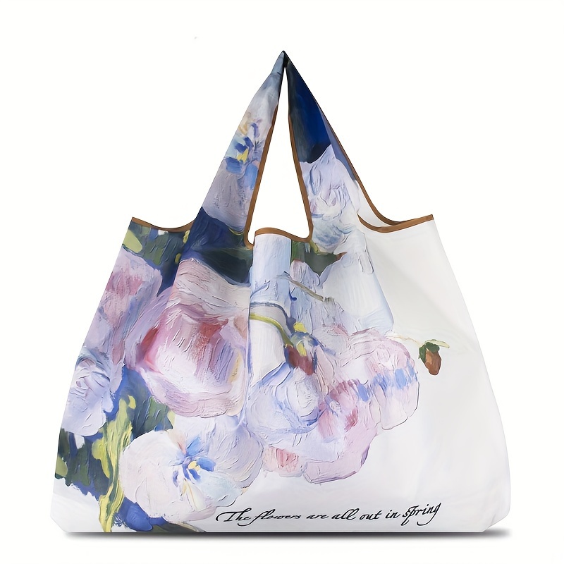 E-shop Unisex Nylon Tragetasche mit Ölmalerei-Blumendesign - eine große, lässige Schultertasche mit floralen Buchstaben, für den täglichen Weg zur