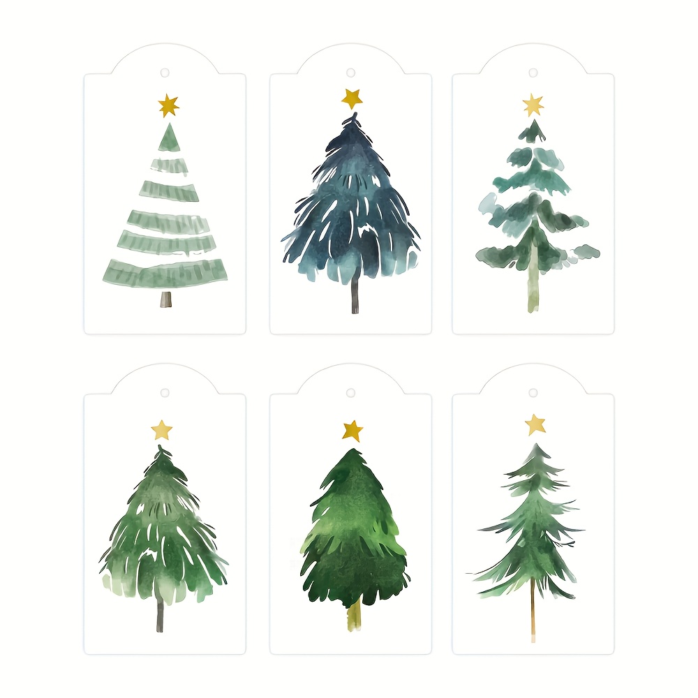 

60pcs Christmas Paper Gift Tags Watercolor Tree Tag Pre- With Holes Holiday Plant Favor Tag Hanging Labels, 6 Design