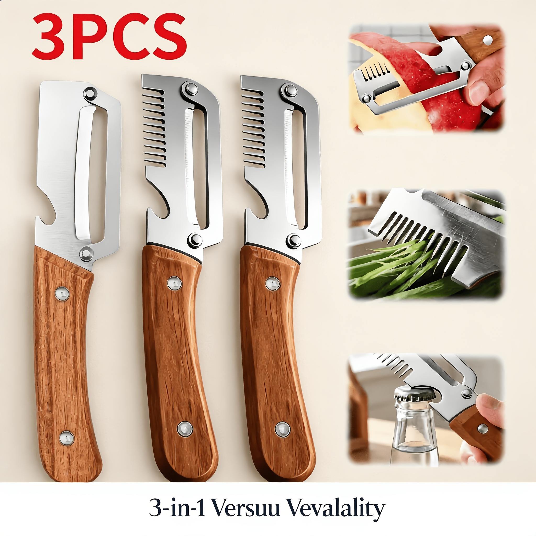 3pcs 2026   wooden handled vegetable peelers stainless steel wide blade potato and carrot peelers 3 in 1 vegetable peelers with scallion   and bottle opener suitable for kitchen camping and travel