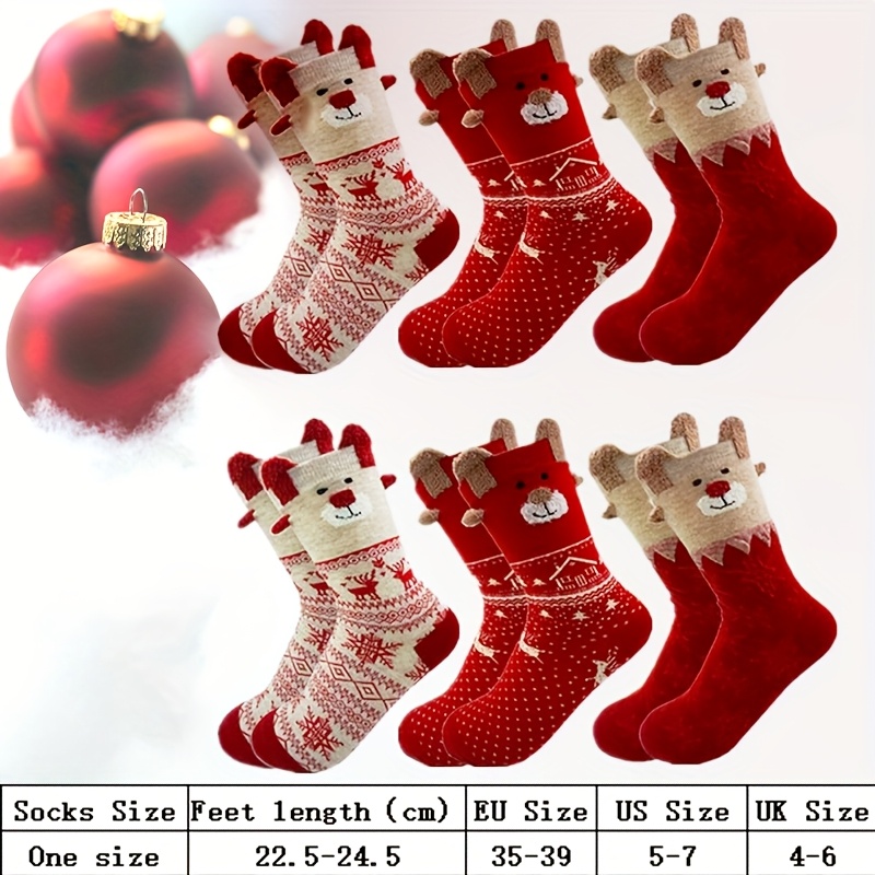 Image of 6 Pairs ' Comfortable Cute Plush Ear-ear Socks, Cartoon Reindeer Teddy Bear Red Theme Retro Pattern Mid-calf Socks, Christmas Socks, For Teenager, For Teenager