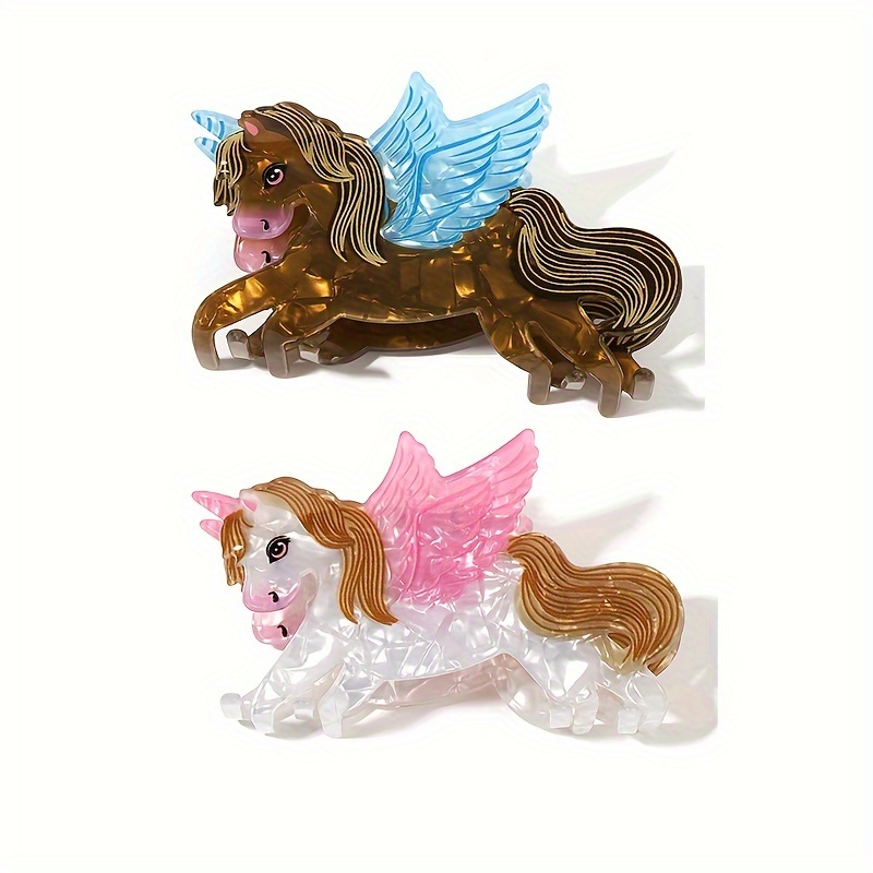 

Elegant Acrylic Horse & Wings Hair Claw - Cute Cartoon Animal Design, Non-slip Ponytail Holder For Women And Girls