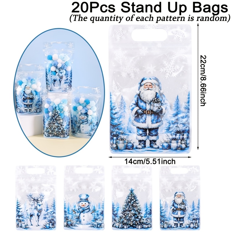 TEMU 10/20pcs Blue Christmas Gift Bags, Stand Up Bags Featuring Santa Claus Snowman Designs, Winter Wonderland Theme Reusable Resealable Bags With