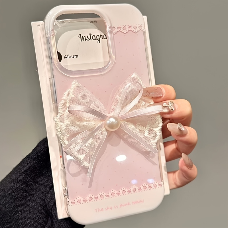 TEMU Phone Case: Crystal Transparent White Light Painted Pink Polka Dot Lace Phone Case With Three-dimensional Lace Bow For Iphone 11 12 13