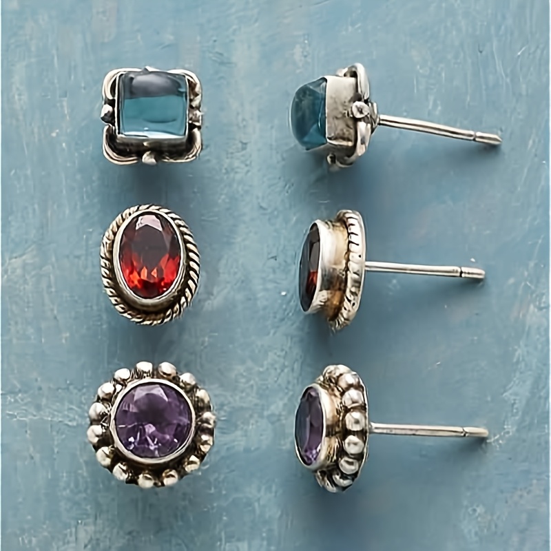 TEMU 6pcs Unique Distressed Inlaid Colored Synthetic Synthetic Zirconia Fashion Vintage Style Copper Multicolor Women's Stud Earrings Set, Suitable