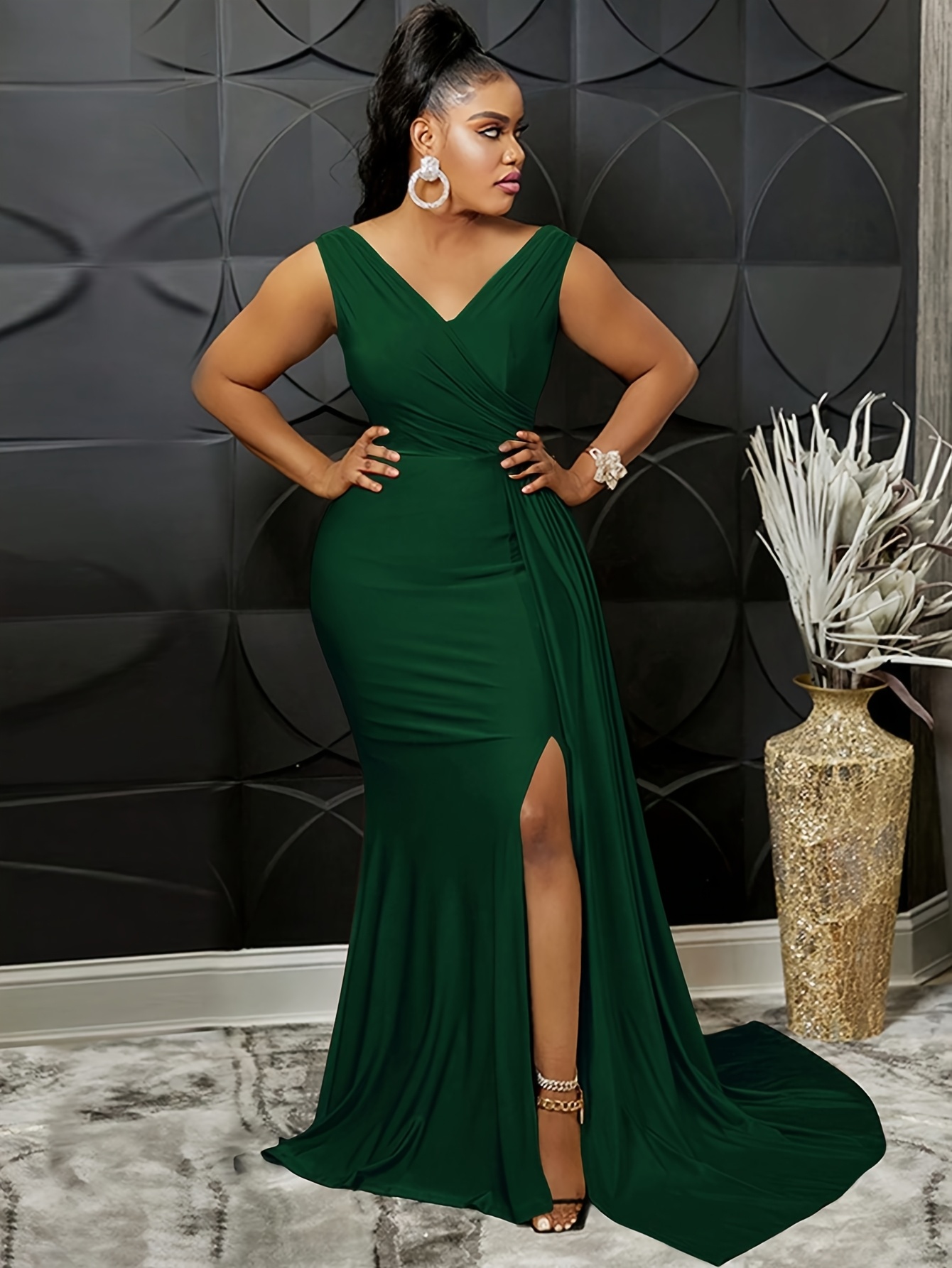 elegant red v neck bodycon bridesmaid dress ruched detail - Temu Ireland