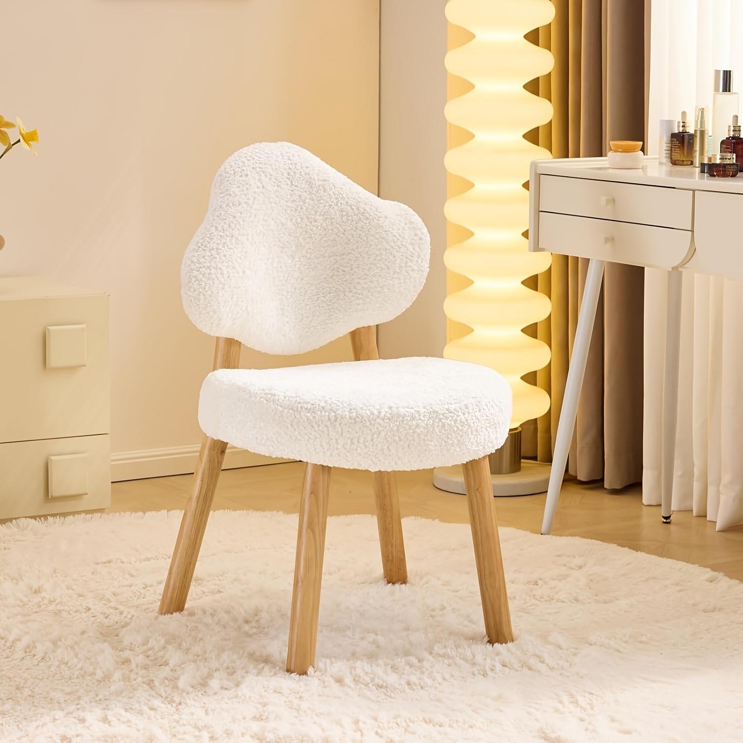 Bonnlo Cute Armless Vanity Chair | Modern Desk Chair With Wood Legs, Plush Chenille Velvet Cloud-Back Comfy Makeup Accent Chair For Bedroom Living Room Office