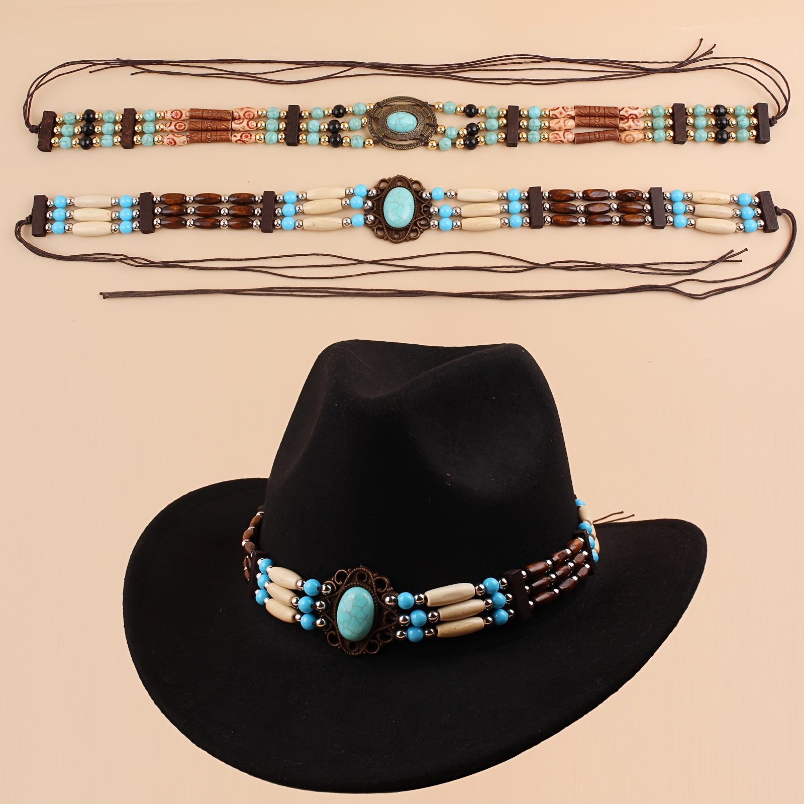 

Boho Hatband With Wooden Beads & Synthetic Sapphires - Accessory For Cowboy & Hats,