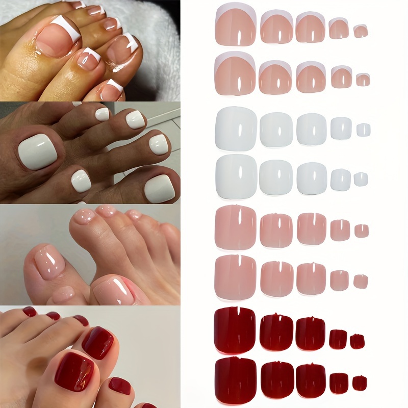 

Four-compartment Box, 96pcs (white French Style, White, Pink, Red) Glossy Toe Nails