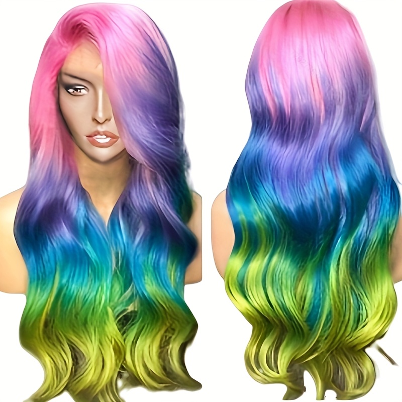 TEMU 28" Vibrant Ombre Long Wavy Wig For Women - Heat Resistant Synthetic Hair, Perfect For Cosplay, Halloween & Music Festivals, With , Wig Accessories