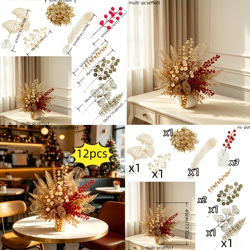 TEMU Lot de 12 bouquets mélangés de dorés — Décoration d'intérieur haut de gamme de luxe léger, à faible entretien, pour salon, table à manger et