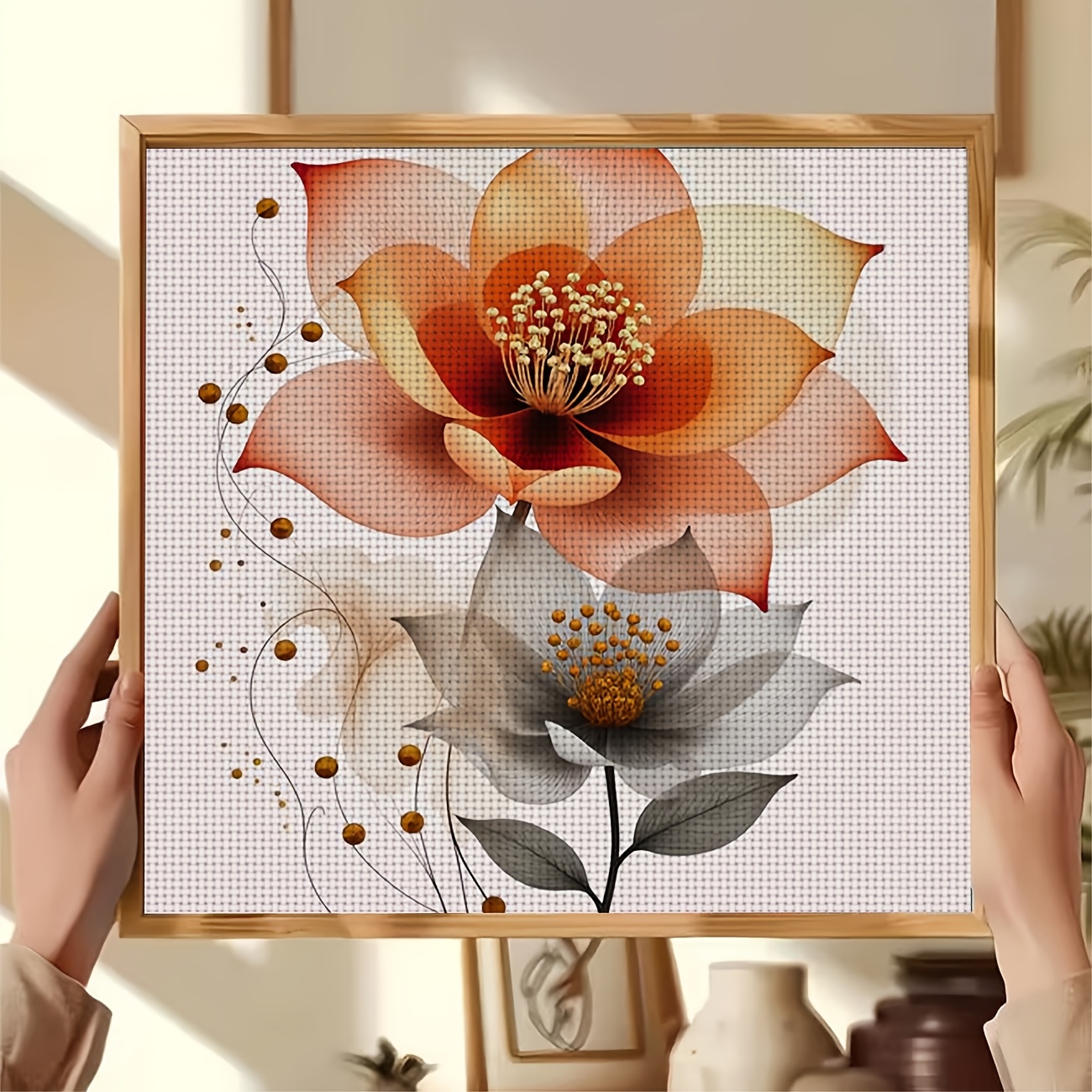 Cross-Stitch Printing Kit, Two Artistic Two-Color Flowers Pattern