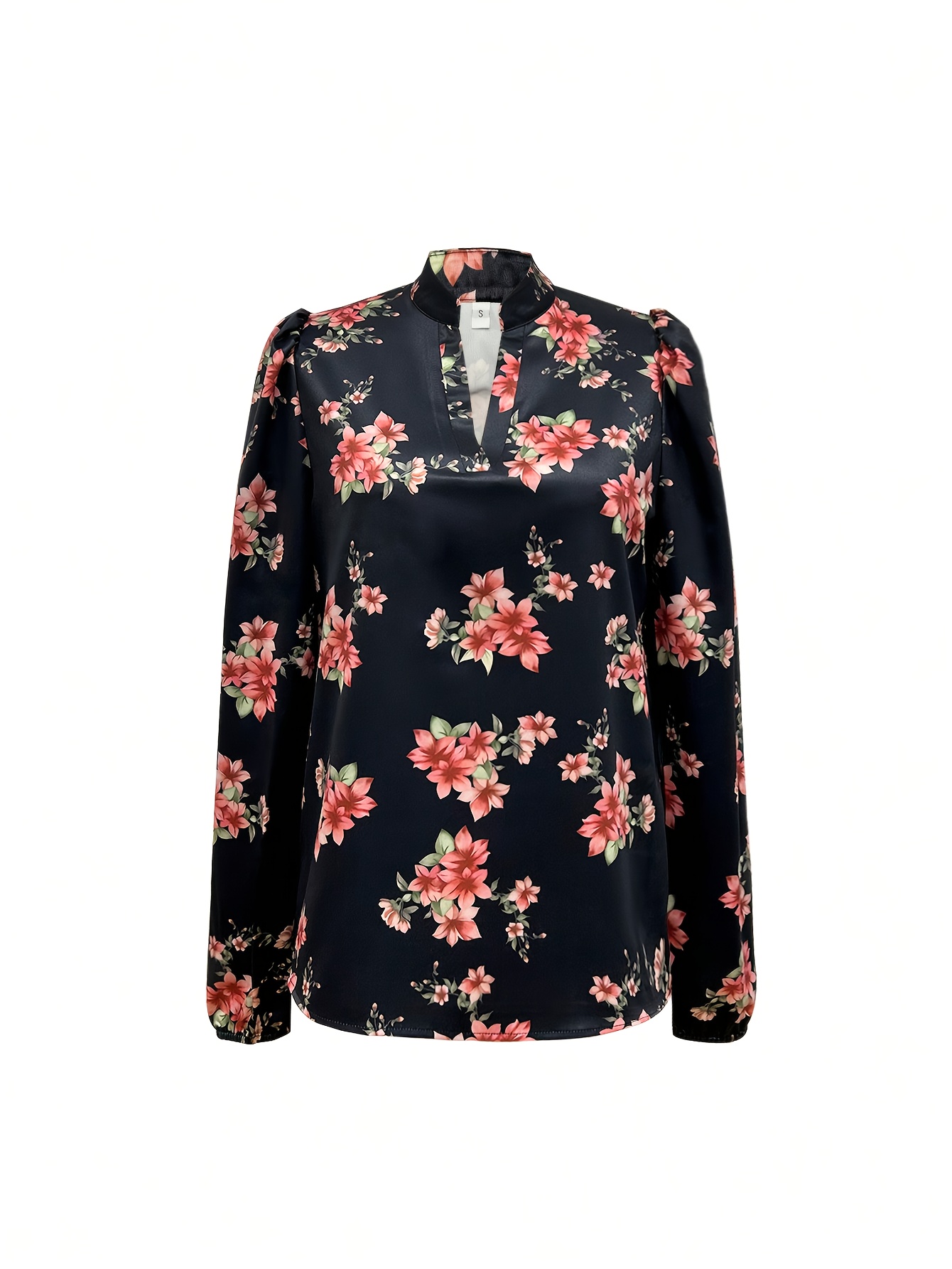 Women's Floral Print V-Neck Long Sleeve Top Elegant Casual Blouse with  Golden-Tone Accents, Machine Washable Spring/Summer Shirt for Casual Attire,