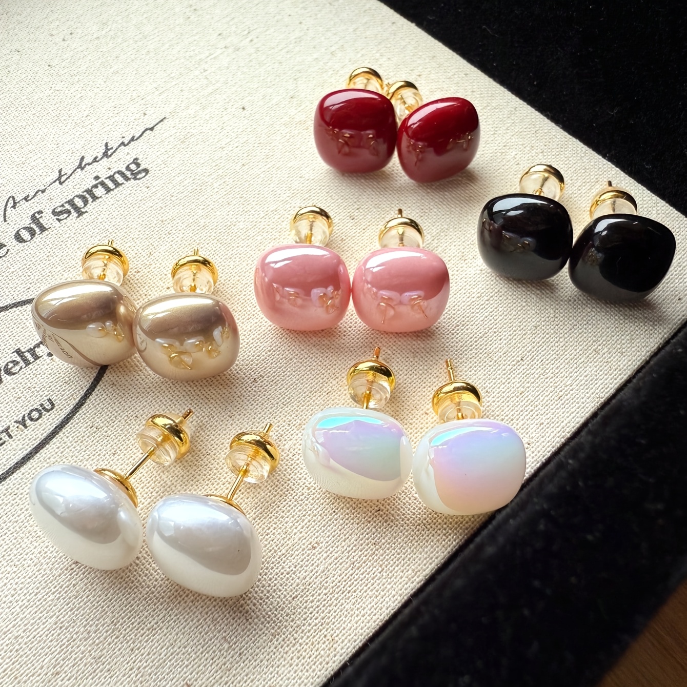 item picture [NEW] 6 Pairs, Elegant Iridescent Mochi Pink Bead Black And White Square Brown Geometric Earrings, High-Quality Jewelry, Upgraded Fashion Earrings, Premium Decorative Earrings, Suitable for Daily Wear, Vacation, Black Friday, Christmas, New Year, Open in new tab.