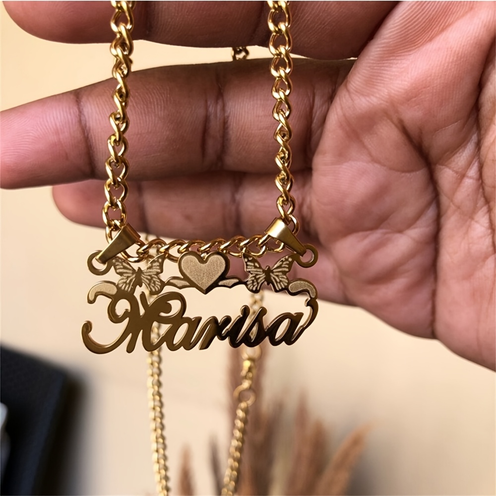 TEMU Collier Cœur Doré Nom Personnalisé, Collier Papillon Chaîne Cubaine Nom Personnalisé Gravé, Plaque Nom en Acier Inoxydable avec Pendentif