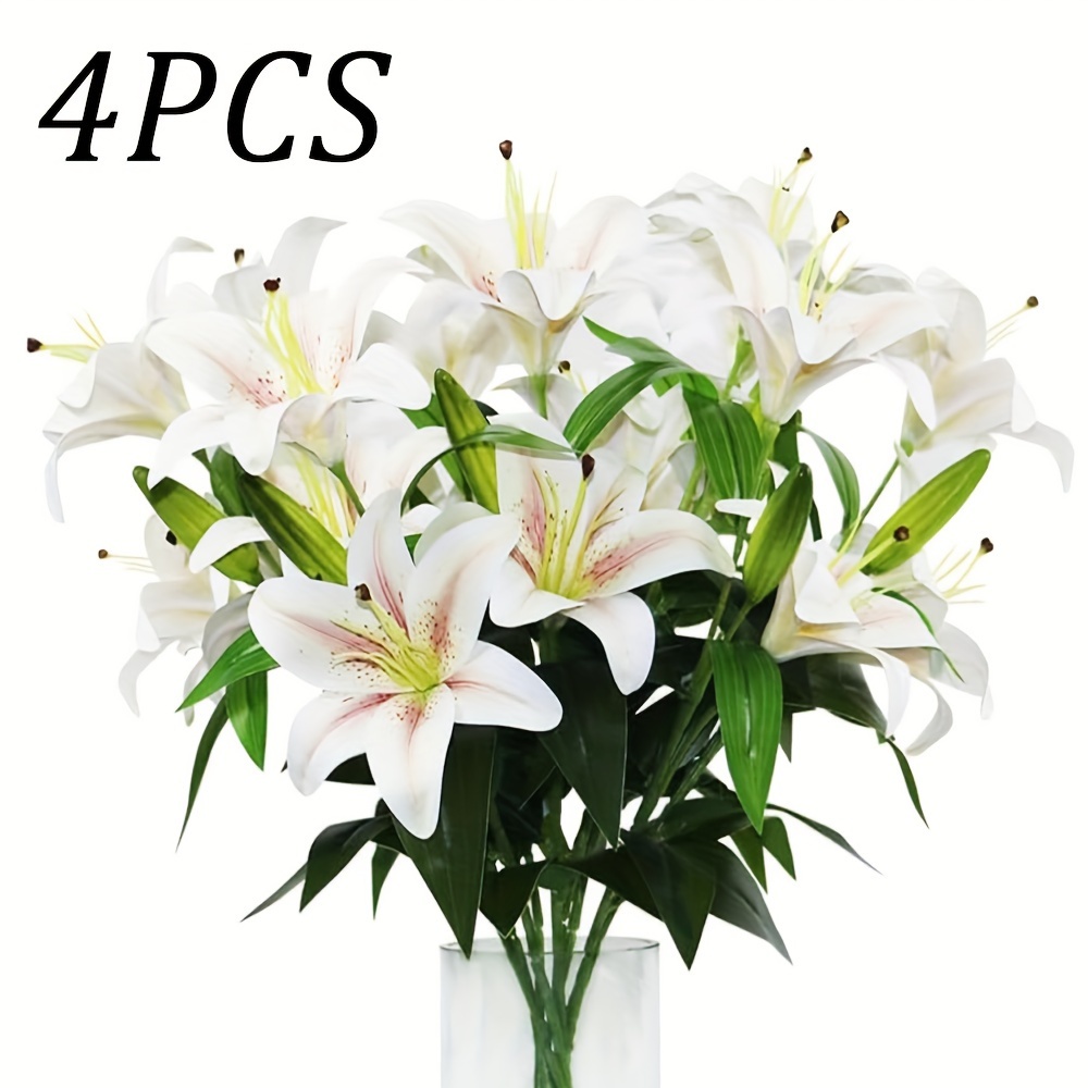 Image of 4pcs Artificial Lilies 8 Heads 4 Buds, 23.6 Inch/3d Printed Fake Flowers For Wedding Office Decoration, Mother's Day Gift, Bouquet For Mom