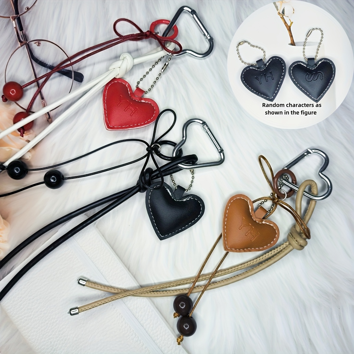 

1pc Leather Heart-shaped Keychain, Diy Bag Charm With Woven Rope, Silvery Bead Pendant, Multifunctional Personalized Creative Accessory, Anime Theme Women's Novelty Keyring, Ideal Gift