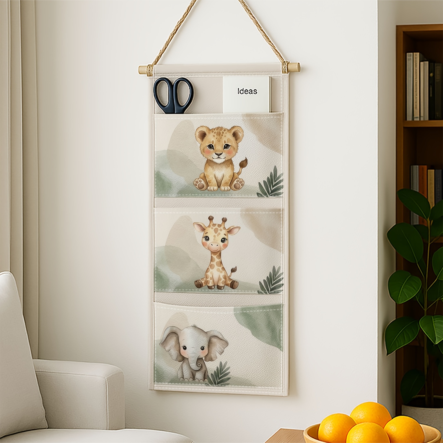 TEMU 1 pièce Sac de rangement mural Lion Éléphant - Tissu doux aquarelle adapté pour , , décoration de chambre, étagère murale robuste pour articles