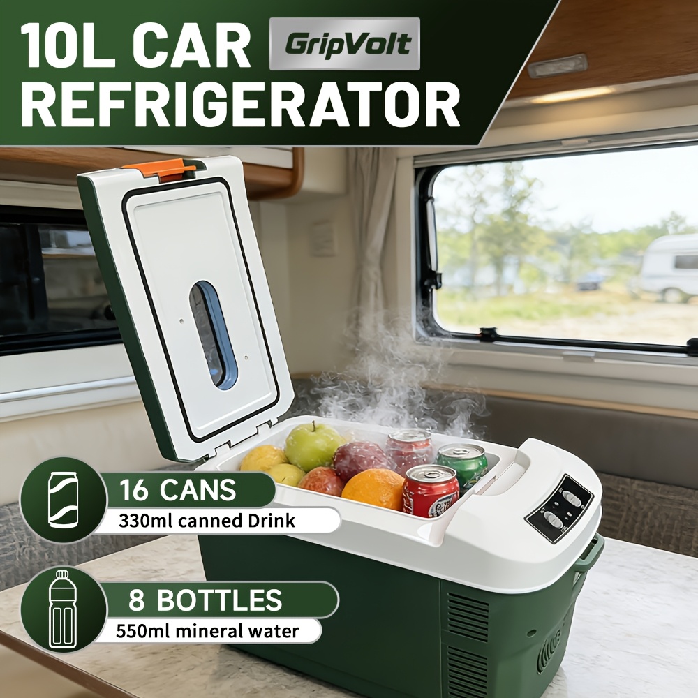   10l 2,6 gallonen tragbarer auto-kühler für wohnmobile in grün mit schultergurt, halbleiter-kühlung -heizung im dual- , ideal für fahrzeuge, wohnmobile, reisen camping