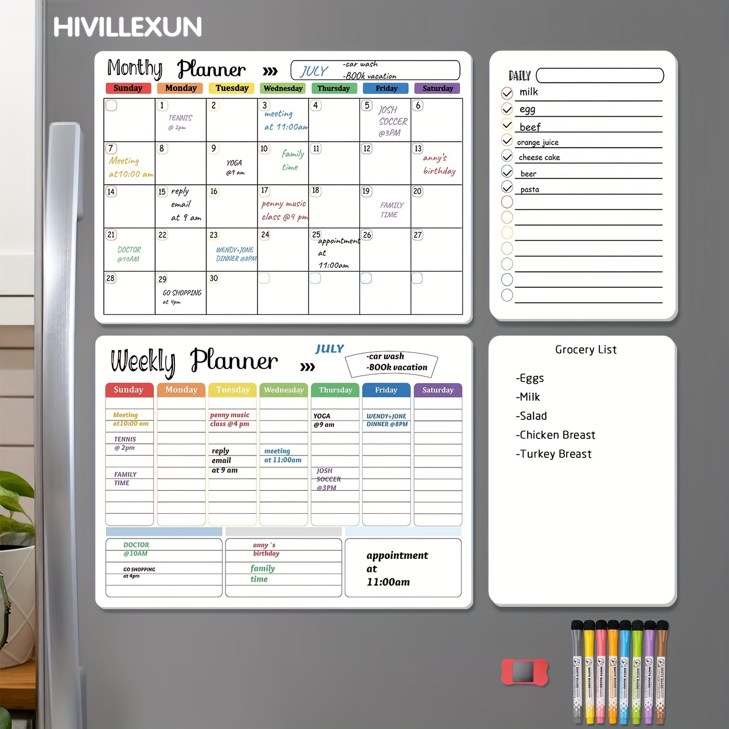 

Hivillexun Magnetic Dry Erase Calendar Whiteboard Set (4pcs Pack) For Home, Kitchen With Monthly And Weekly (16.5"x 11.8") Magnetic Whiteboard And Daily Notepads (12"x 8") 8 Markers And 1 Eraser