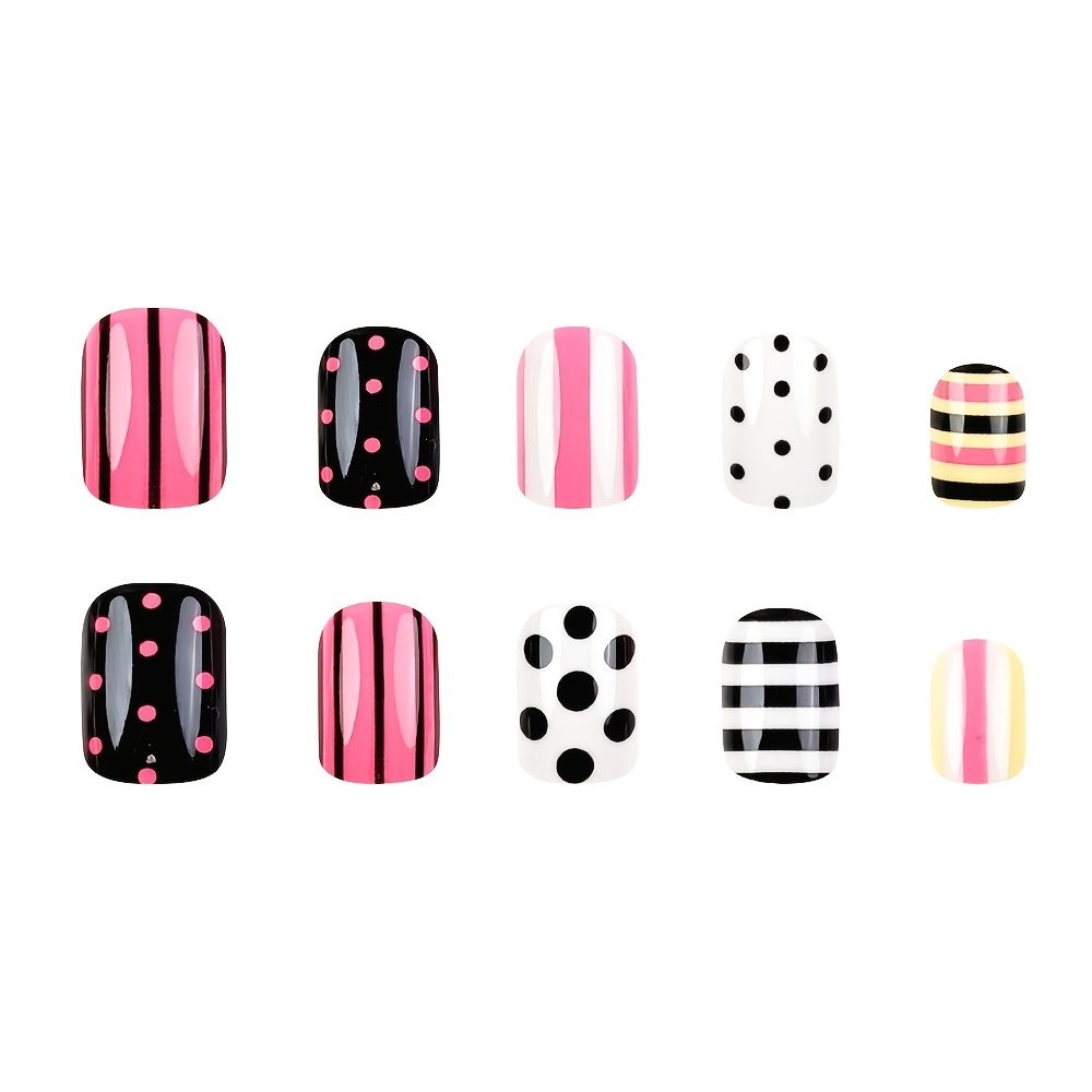 TEMU 24pcs Glossy Short Square Press On Nails, Cute Polka Dot & Striped False Nails, White Yellow Colorful Artificial Fake Nails For Daily & Summer