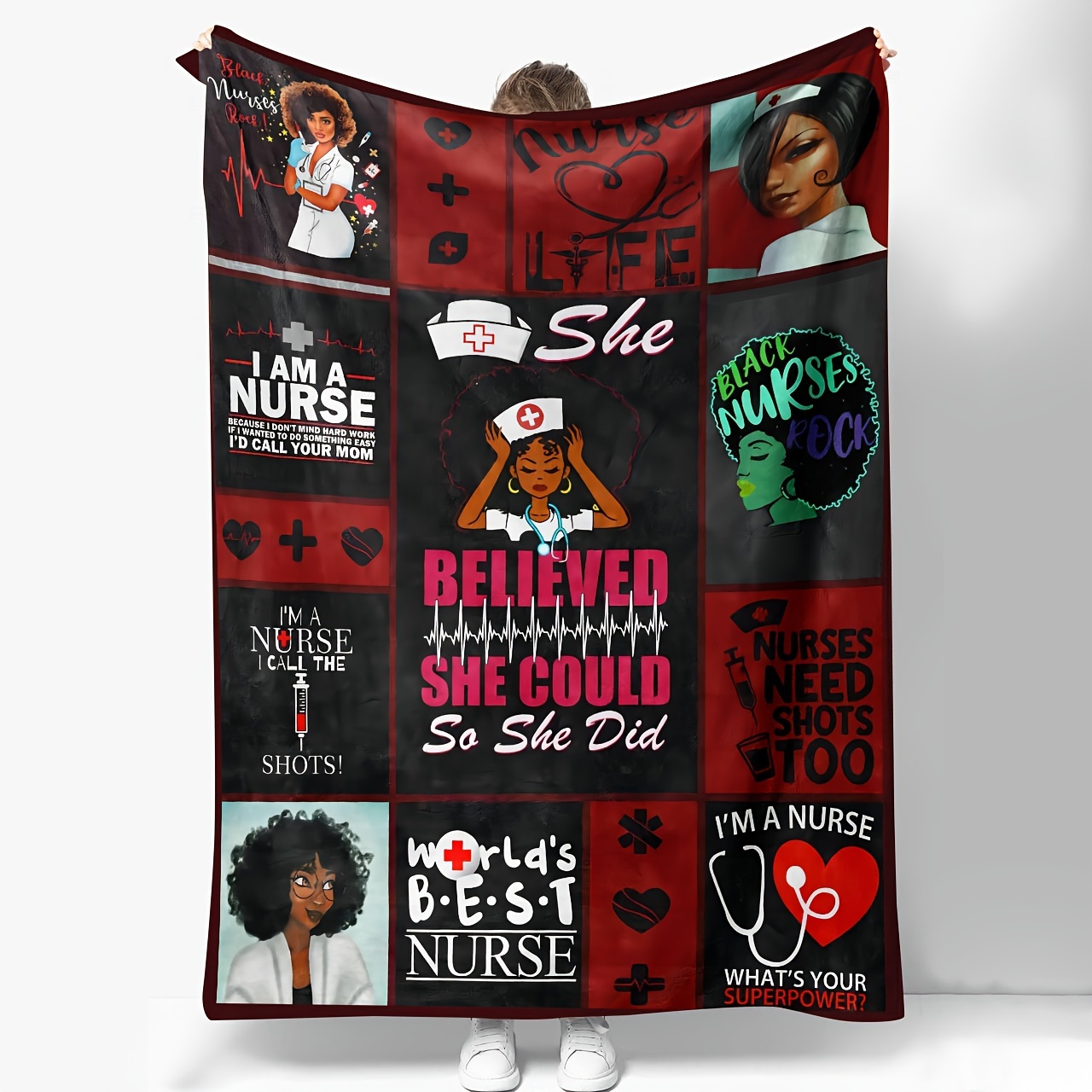 

1pc Nursing Life Theme Throw Blanket, Inspirational Quotes & Fun Patterns, Soft Fleece, Gift For Nurses, Red & Black With Empowerment Messages, Home Decor, Cozy & Warm