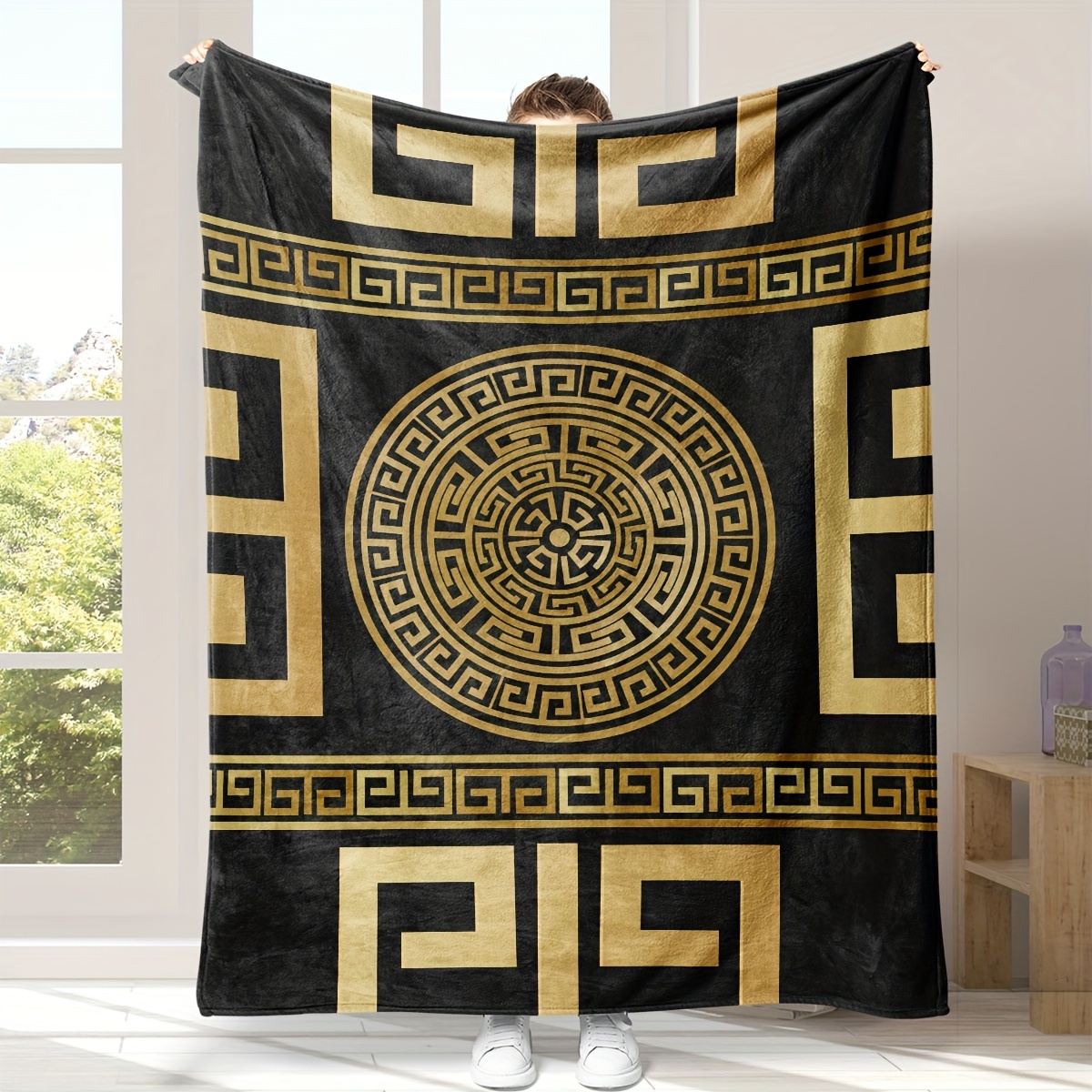 

Luxurious Glam Greek Key Patterned Throw Blanket With Hypoallergenic Polyester Weave, All-season Multipurpose Woven Cover, Elegant Embellishment Feature For Home Decor - Black And Gold