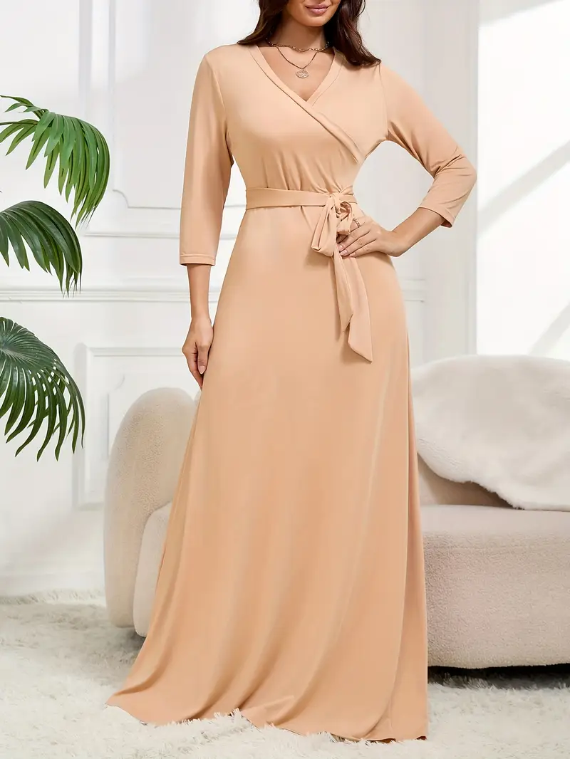 womens fashionable peach v neck maxi dress belt elegant long - Temu womens fashionable peach v neck maxi dress belt elegant long - Temu