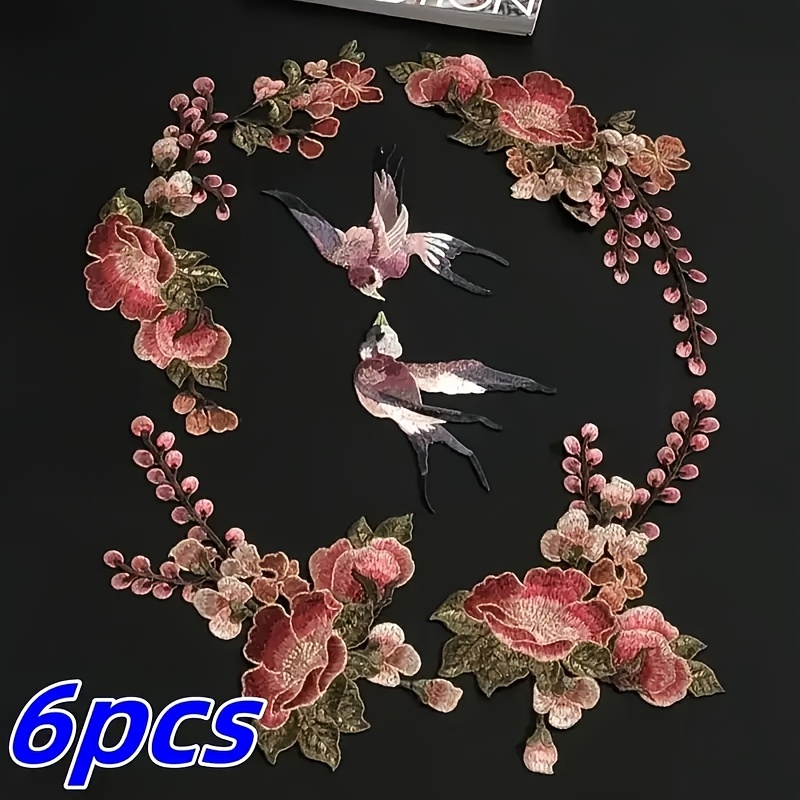 E-shop 6 Stück Pfingstrose Schwalbenblume wasserlösliche Stickerei-Stoffaufnäher, geeignet für DIY-Kleidungsdekoration, weiche Textur, ohne