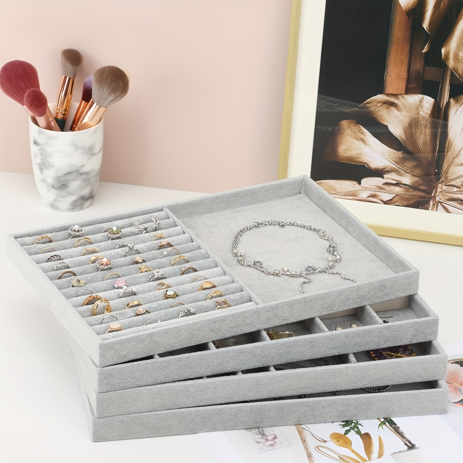 

13.8in Jewelry Organizer Trays, Large Stackable Jewelry Tray For Drawers, Jewelry Storage For Earring Ring Necklace Bracelet Watch With Removable Divider, Gray, Set Of 4, Jewelry Boxes