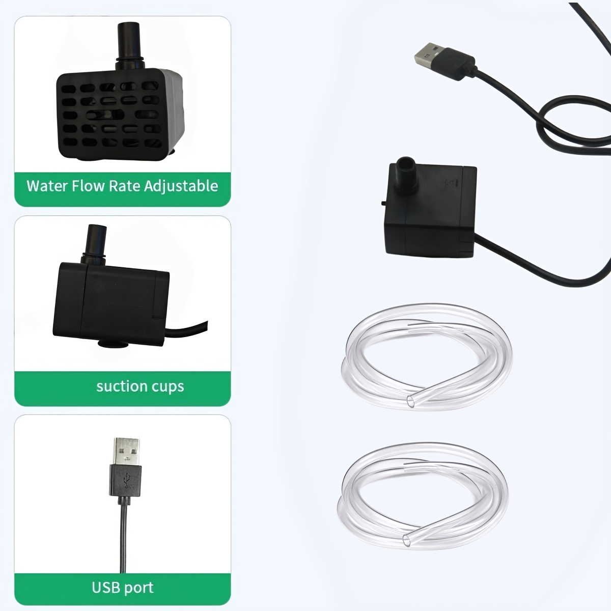 TEMU Pompe à eau submersible USB avec débit réglable et 2 tuyaux - Pompe d'aquarium silencieuse adaptée aux à poissons, décoration , , système de