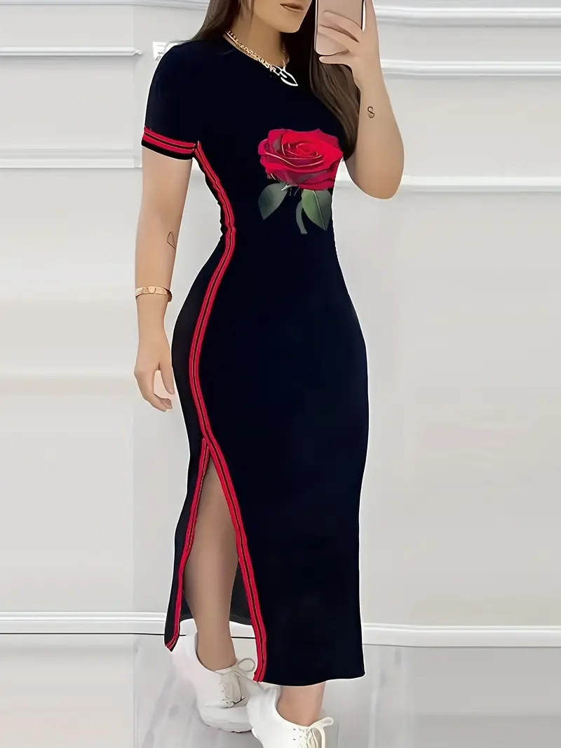 rose print hem dress chic crew neck bodycon short sleeve dress for womens clothing details 0