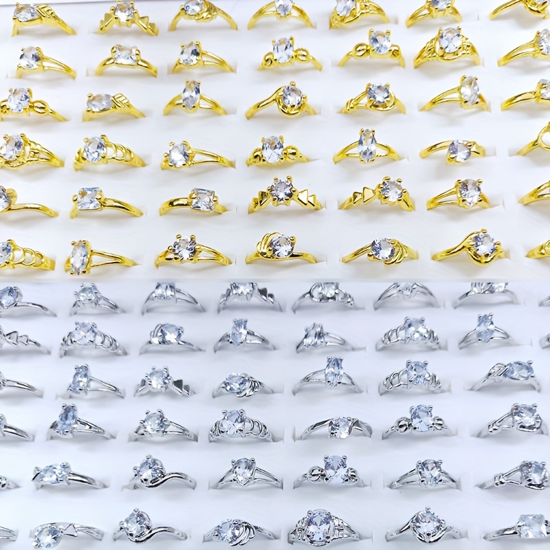 

25/50pcs Golden & Silvery Wholesale Synthetic Zircon Rings, Bulk Mixed Finger Ring For Daily Outfits Wedding Party Engagement Jewelry Accessories, Style Size Random, Without Box