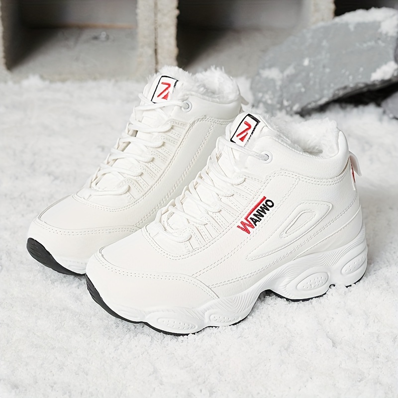 womens 2025 fleece lined chunky   heel ankle boots breathable pu cover lace up round toe white pink accents for winter   winter footwear trendy chunky heel durable rubber sole 5