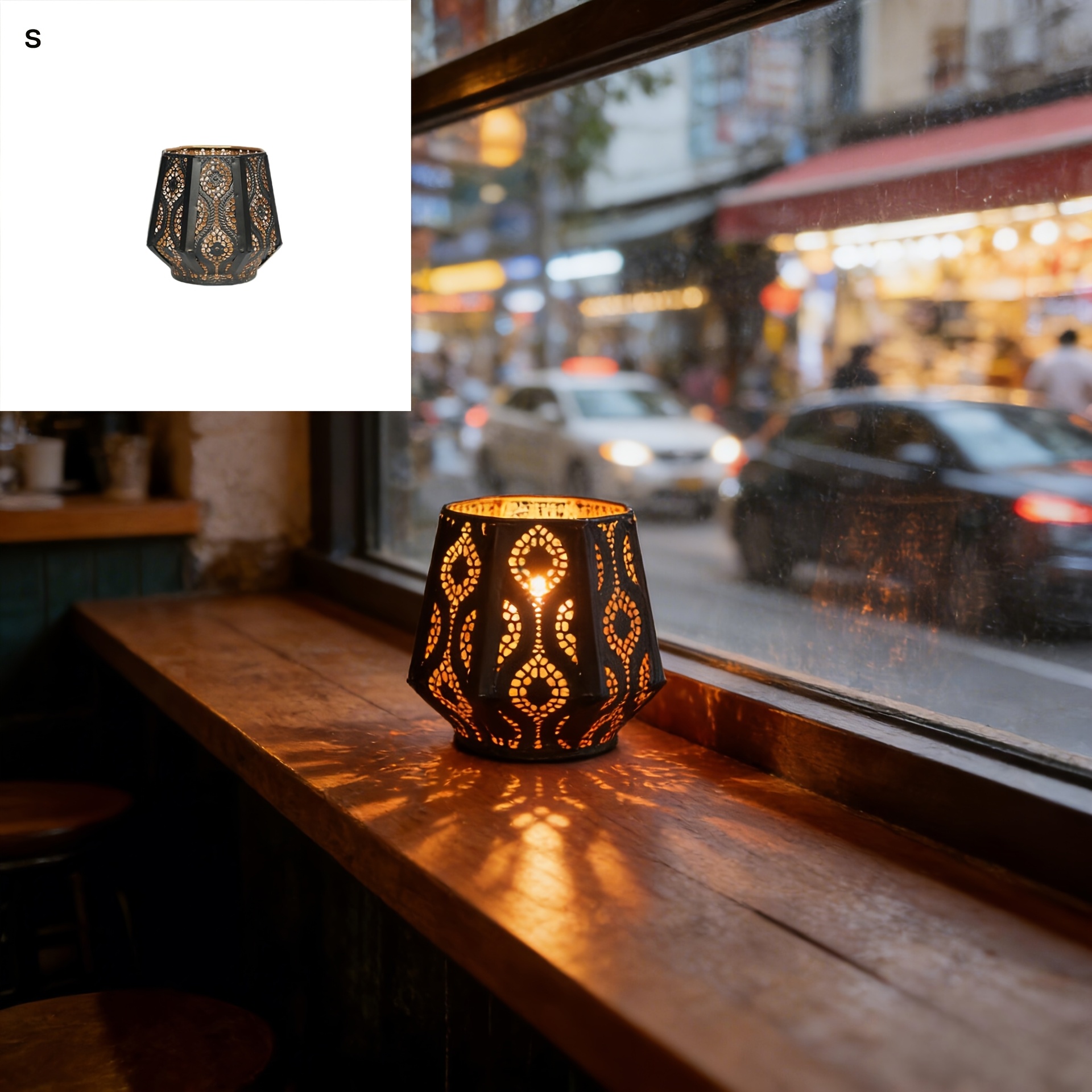 TEMU 1pc And Golden Hollow Floral Iron Candlestick, Polygonal Carved Metal Tea Light Lantern, Vintage Style Desktop Decor, Living Room Entrance,