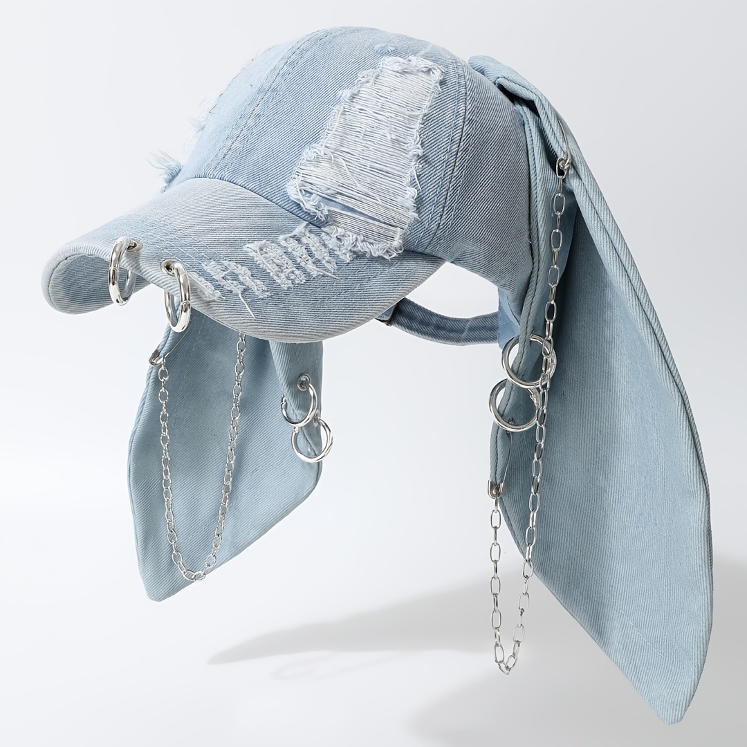 Y2K Grunge Denim Baseball Cap with Ears Punk Chain Hat Women main image 4
